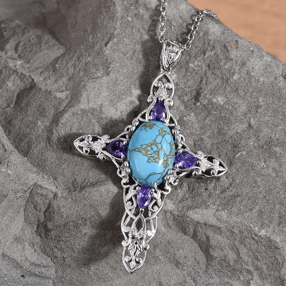 KARIS BLUE TURQUOISE PENDANT PLATINUM BONDED BRASS STAINLESS STEEL NECKLACE - Picture 2 of 6